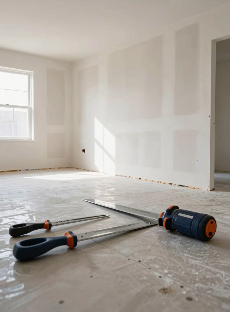 A wide-angle professional photograph of a bright, modern North American / US interior under renovation. New drywall sheets are installed with perfect alignment. The scene includes dark navy blue tools and steel grey accents, reflecting a sense of precision and reliability.