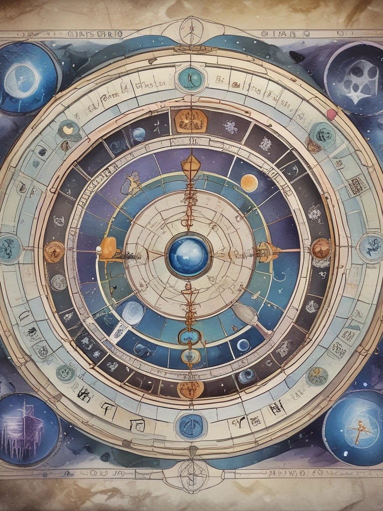 A vibrant flat lay of colorful astrology charts, crystals, and a glowing candle on a wooden table.