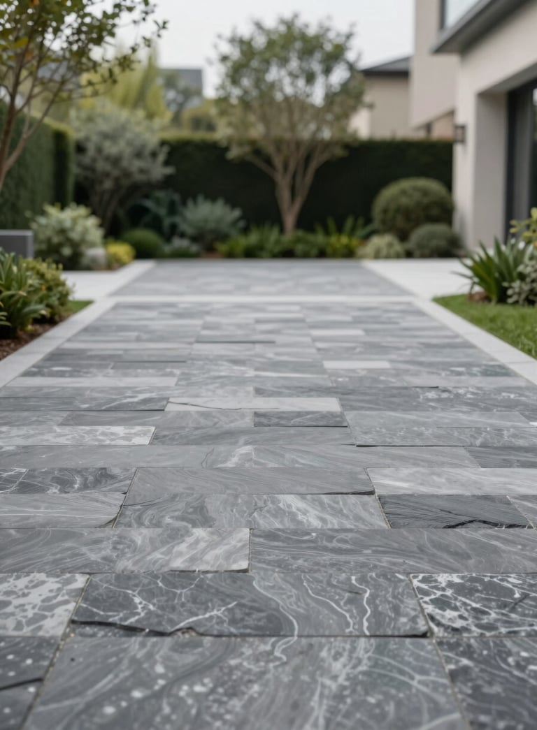 A wide-angle shot of a luxurious driveway paved with slate-textured stamped concrete in shades of #2E3A3A and #AEB9B4. The surrounding garden is impeccably landscaped, conveying professional craftsmanship and modern elegance.