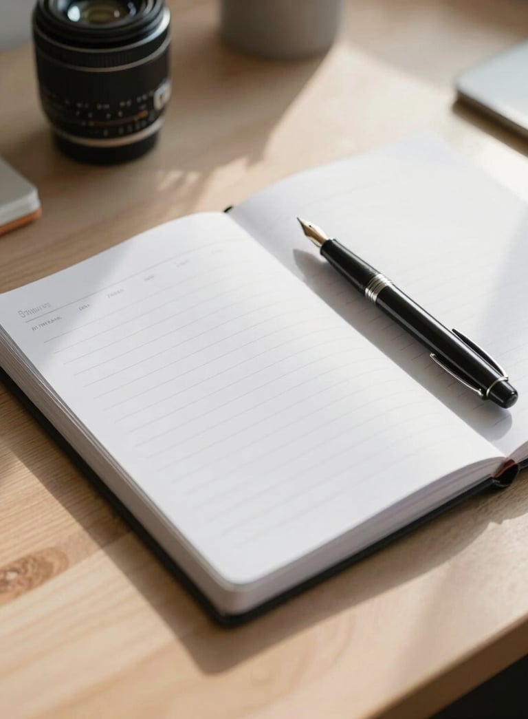 A clean, minimalist workspace in Brenham, Texas with a single professional notebook and a fountain pen on a light wood desk, bright natural morning light, reflecting a sense of precision and organization.