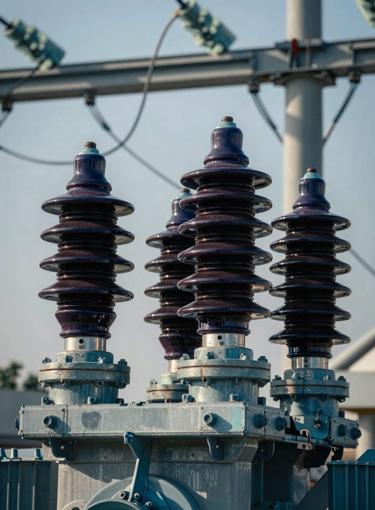 A close-up, cinematic photograph of high-voltage industrial insulators and ceramic bushings on a power transformer. The lighting is sharp, highlighting metallic surfaces in steel blue and dark slate navy shadows.
