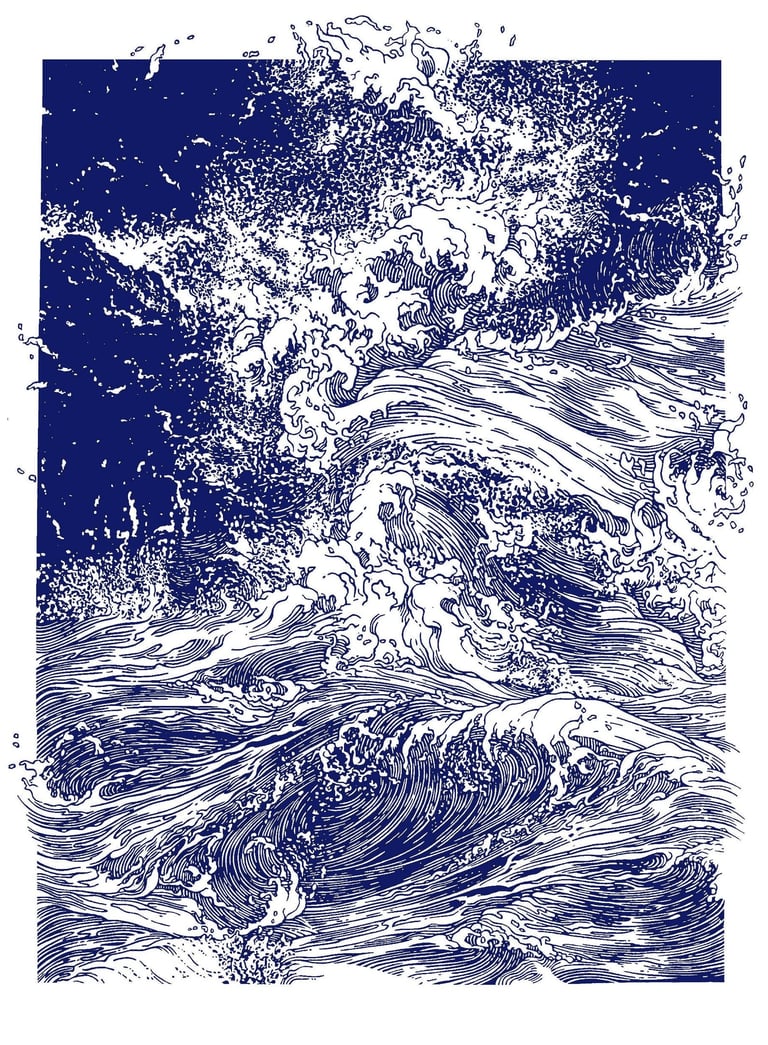 Linogravure, estampe originale,  représentant des vagues.