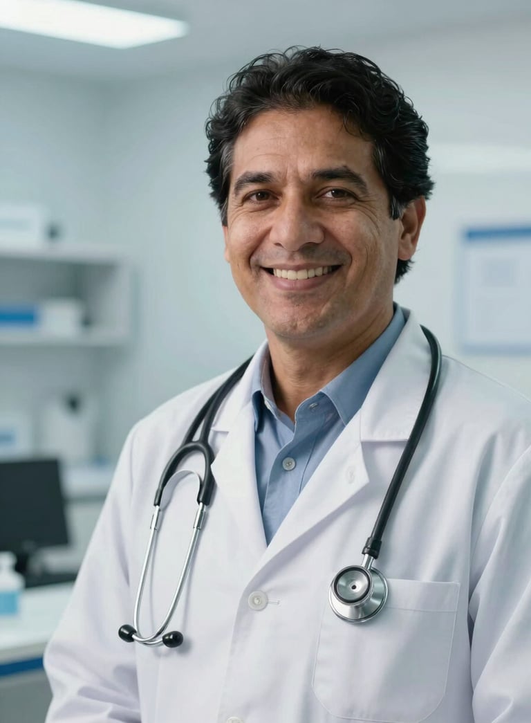 A South American pharmacist wearing a white coat and stethoscope, smiling warmly at the camera in a modern, brightly lit clinical office with a soft blue and white background.