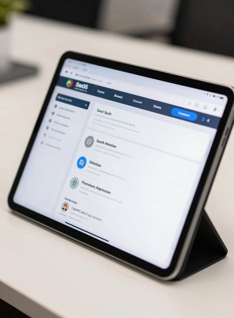 A close-up of a high-tech tablet displaying a professional SaaS dashboard with clean interface elements, placed on a white desk in a South American / Brazilian professional environment.