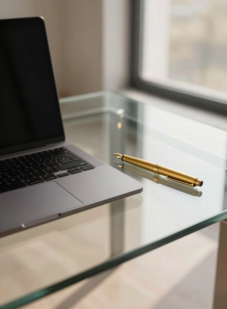 A high-angle, minimalist photograph of a modern glass desk with a sleek laptop and a matte gold fountain pen. Soft morning light enters from a large window in a high-end North American / Global office environment with deep black and warm cream gold accents.
