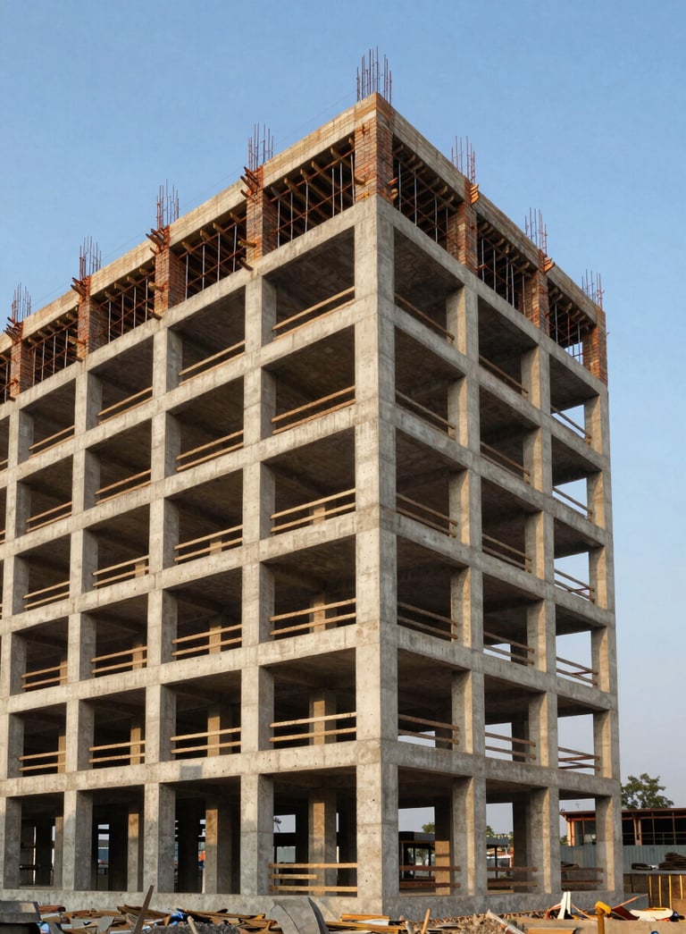 Professional architectural photography of a modern, multi-story concrete structure under development in Mysuru, with a clear blue sky and warm South Asian sunlight.