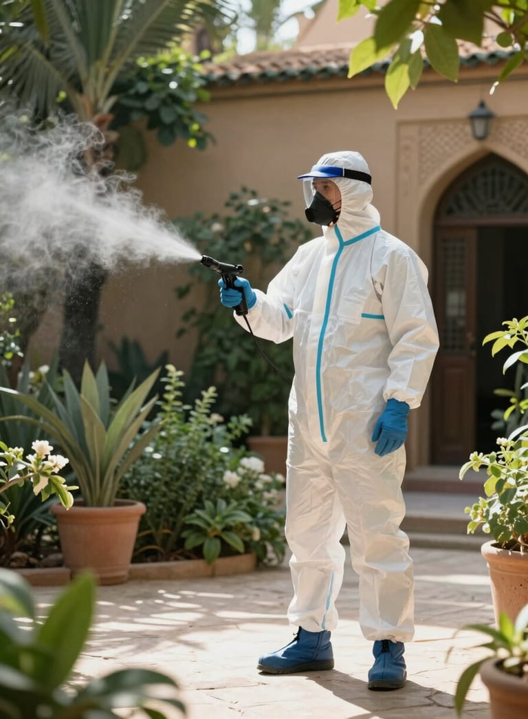 A professional pest control specialist in clean protective uniform spraying mist in a lush North African garden courtyard with sunlight filtering through.