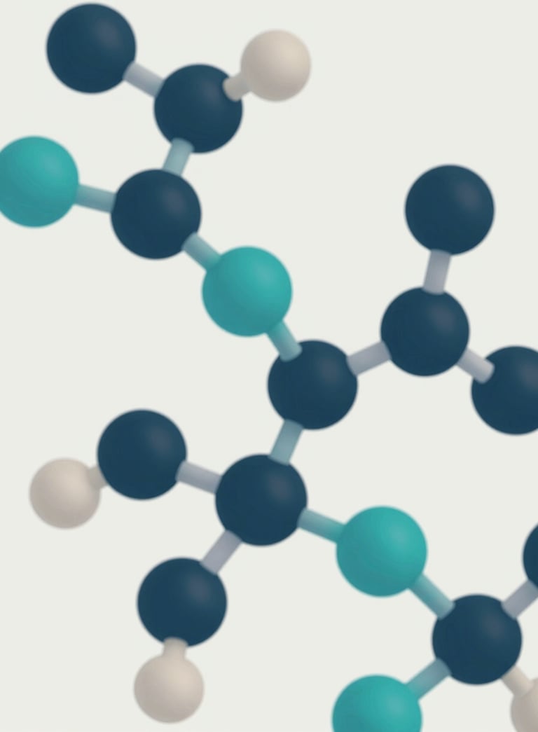 An abstract 3D visualization of molecular receptors, sleek and minimalist, using brand colors #1A2F2F, #4B7F7F, and #AECDCB, high-authority scientific style on a light #F3F8F8 background.