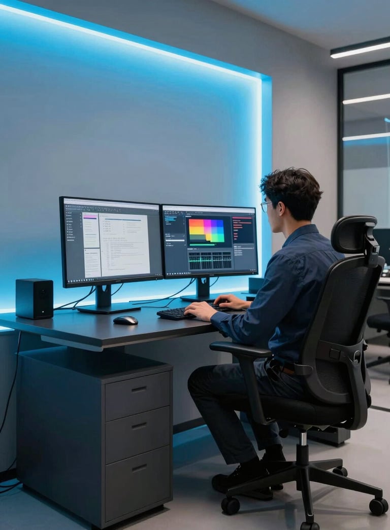 A professional South American / Brazilian creative designer working on a high-end dual-monitor setup in a sleek office, featuring neon bright sky blue accents and dark slate navy furniture.