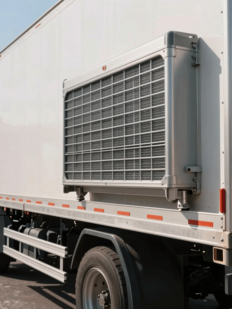 Detail of a modern refrigerated truck's cooling unit with the focus on the sleek metallic casing, parked in a sunlit Latin American industrial area.