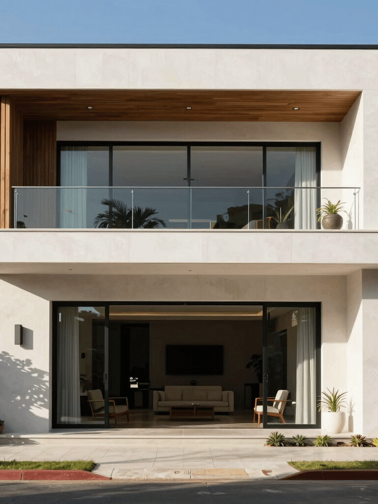 A luxurious, modern South American home facade recently restored, clean lines, sunny daylight, sophisticated architecture, high-standard finishes.