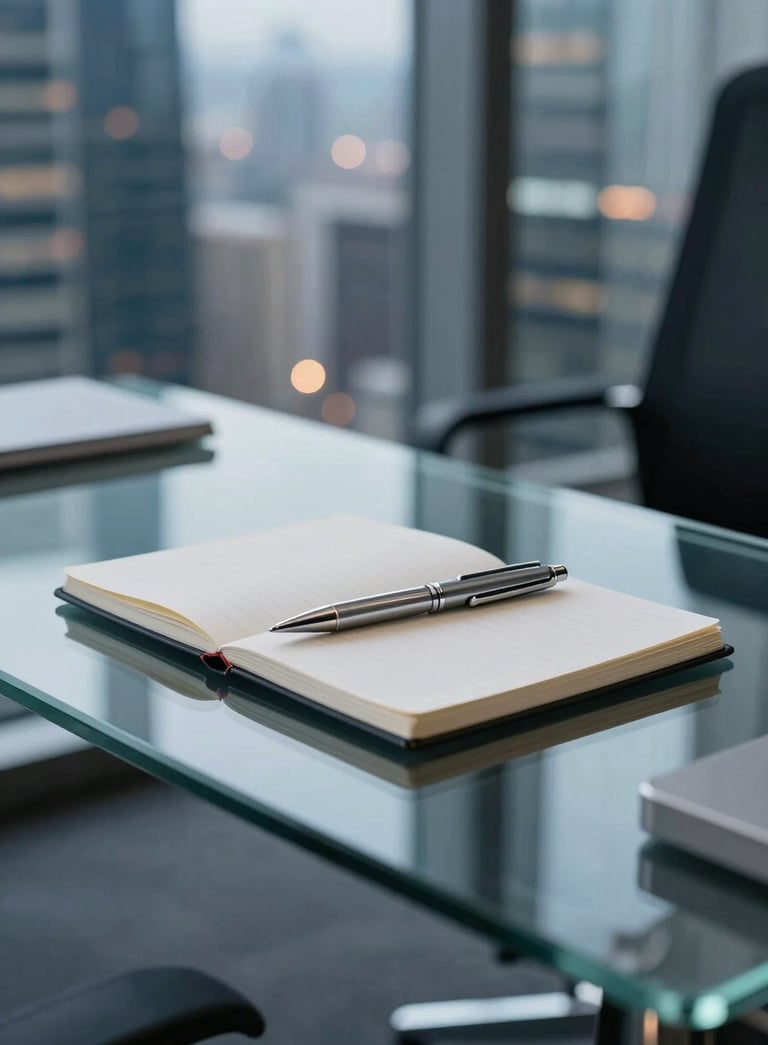 A close-up photograph of a sleek, modern glass desk in a high-rise North American / US office building. On the desk sits a refined silver pen and a minimalist notebook. The background features blurred city lights in Steel Blue and Dark Navy tones, suggesting a professional and forward-thinking financial environment.