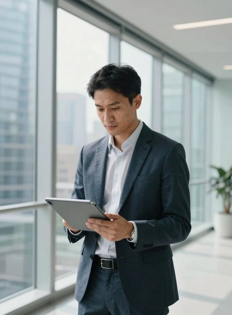 A professional portrait of a tech consultant in a minimalist, glass-walled office in a global international business district, focusing on a tablet. The lighting is bright and clean with accents of light blue and white.