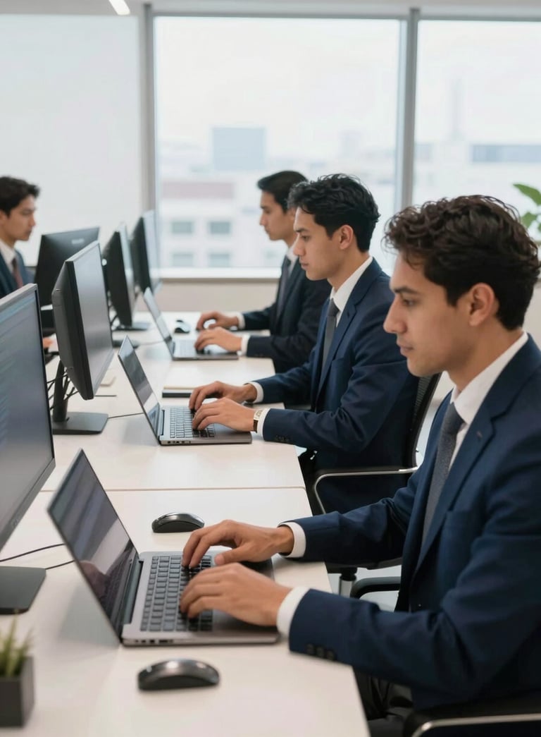 A high-end modern corporate office in Latin America with professional employees using advanced computers and laptops, bright natural lighting, reflecting a reliable and professional mood in navy blue and off-white tones.