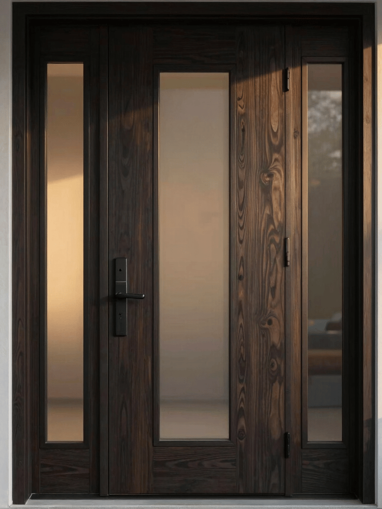 Close-up photography of a sleek minimalist modern front door with dark wood texture and narrow frosted glass inserts, golden hour light hitting the surface, North American home entryway.