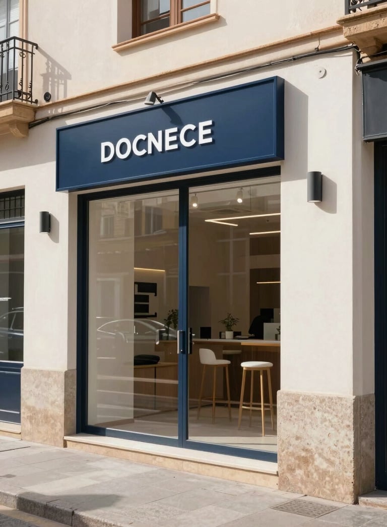 A clean, eye-level photograph of a modern storefront in Spain during a bright day. The image captures a professional and approachable atmosphere with Soft Off-white building walls and subtle Dark Navy Blue signage accents.