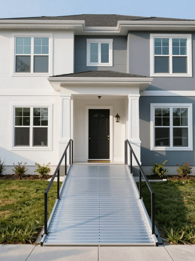 A wide-angle professional photograph of a modern residential home in the North American / US Tri-State area featuring a high-quality aluminum ramp leading to the front door. Bright morning sunlight highlights Soft White and Grey Blue architecture.