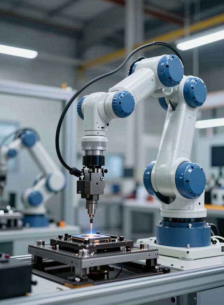 A sophisticated robotic arm performing high-precision assembly in a modern North American automotive factory. The lighting is crisp, highlighting the metallic textures of steel blue and soft cloud white components.