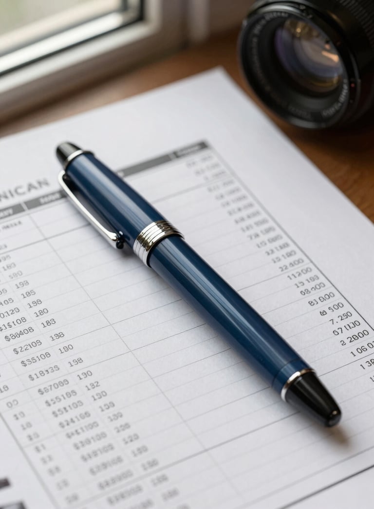 Close-up of a professional fountain pen resting on a detailed financial spreadsheet, North American / US office setting, soft natural light from a side window, featuring Medium Blue and Off-white color tones.