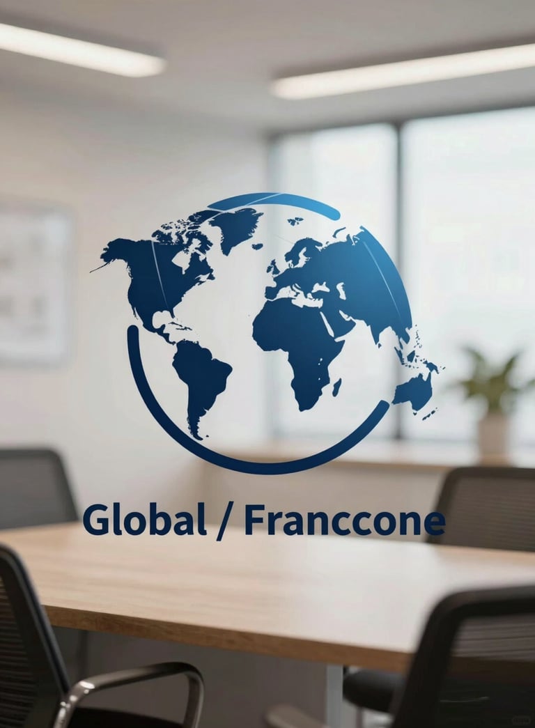 A sophisticated abstract logo representing global connectivity and growth, designed with clean geometric lines, metallic dark blue and muted blue accents, positioned against a soft-focus professional interior, Global / Francophone.