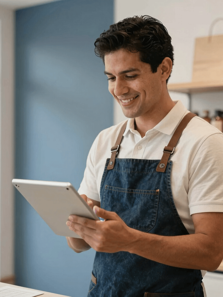 A Latinoamericano shop owner in a modern boutique smiling while using a sleek tablet to manage inventory, bright daylight, confident and professional mood, muted blue and off-white interior.