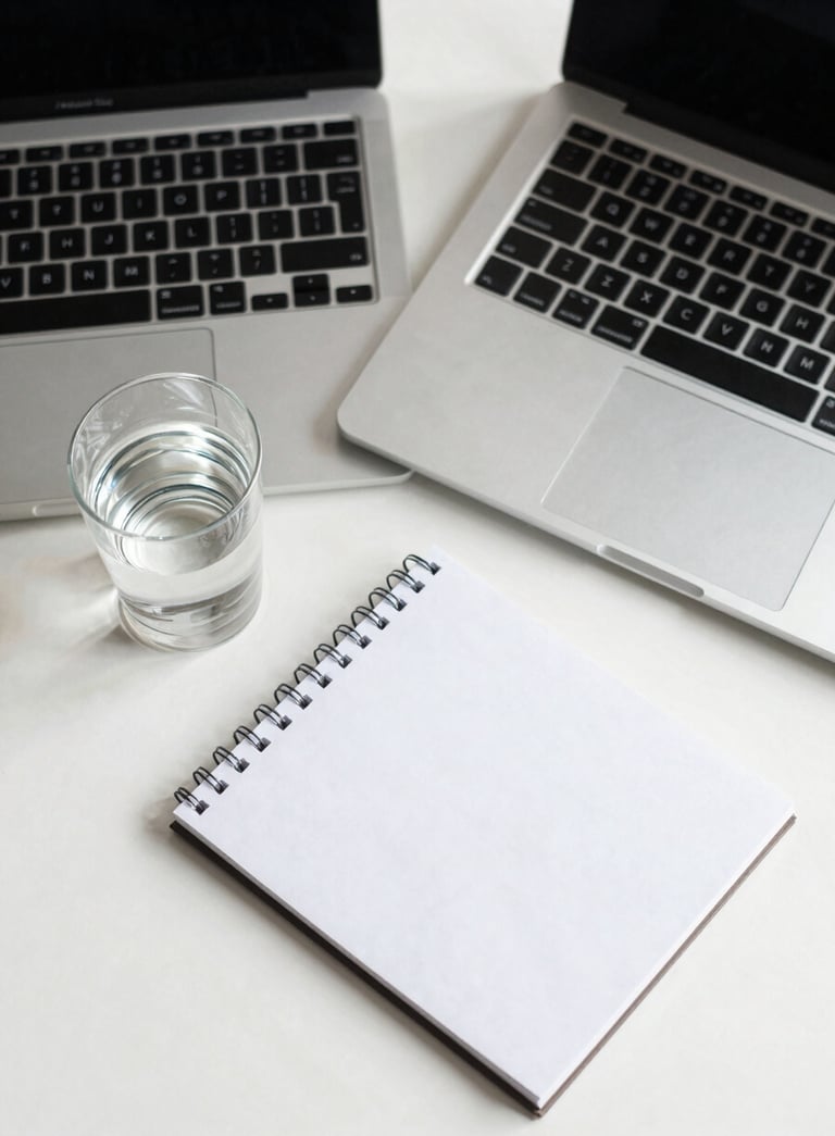 A top-down shot of a minimalist workspace with a thin silver laptop, a single glass of water, and a white notepad on a Pearl White surface, reflecting a clean and professional mood.