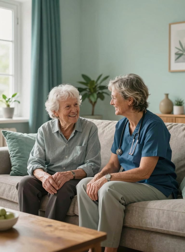 A warm and inviting photography of a sunlit living room in a Northern European / Dutch home. An elderly person and a friendly caregiver are sitting on a soft sofa, talking and smiling. The scene features soft mint and deep teal accents in the decor, creating a reliable and peaceful atmosphere.