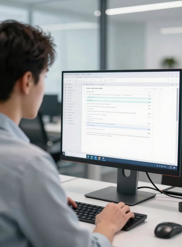 A focused professional in a modern North American / US office setting, bright Cool Mist White lighting, looking at a high-end monitor showing clean data layouts, Muted Steel Blue accents in the background, sophisticated and clean aesthetic.