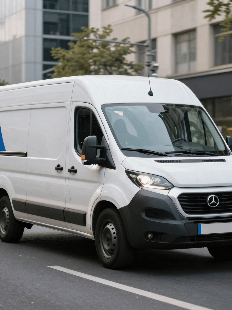 A sleek, modern white and blue delivery van driving through an international metropolitan street during the day, clean and professional composition.
