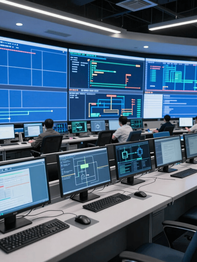 A wide-angle professional photography shot of a bright, high-tech command center in the US with multiple monitors showing clean blue data streams and secure connections.