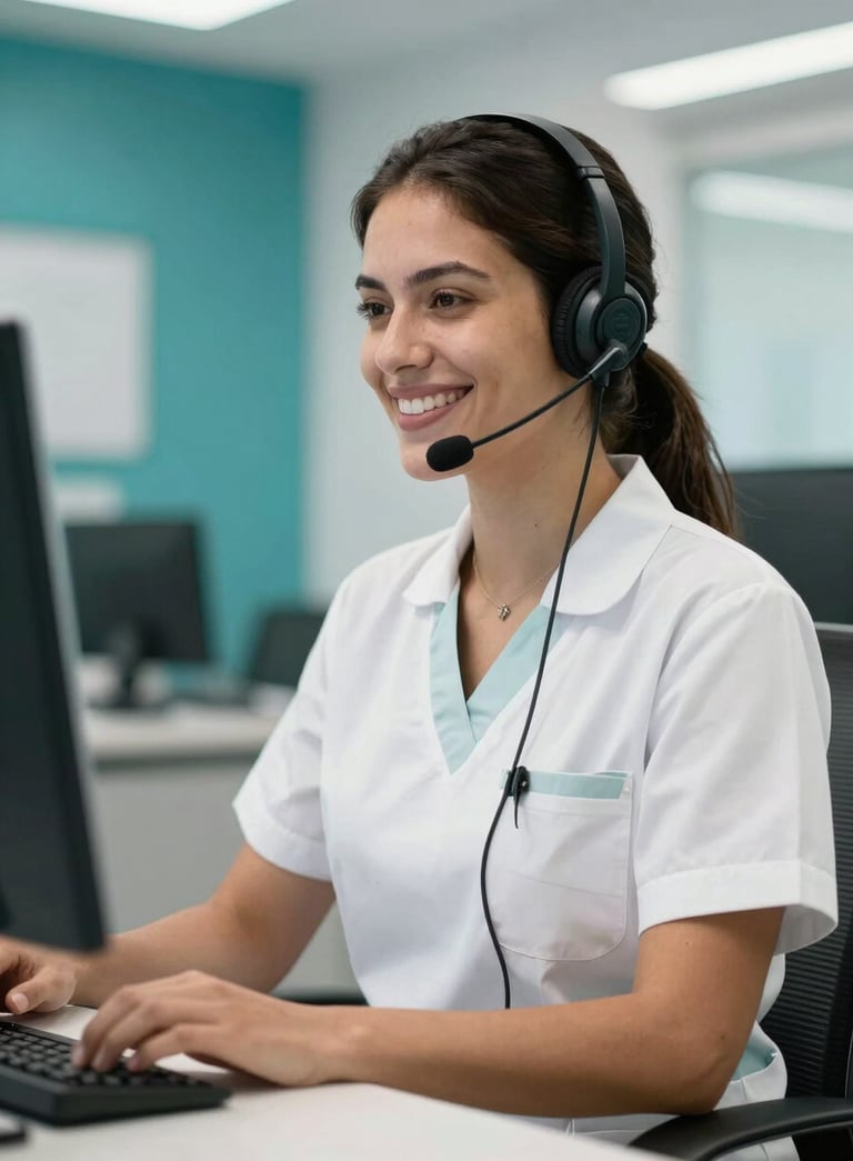 A professional South American / Brazilian medical assistant wearing a headset and smiling, sitting in a bright and modern administrative office with teal accents, professional photography.