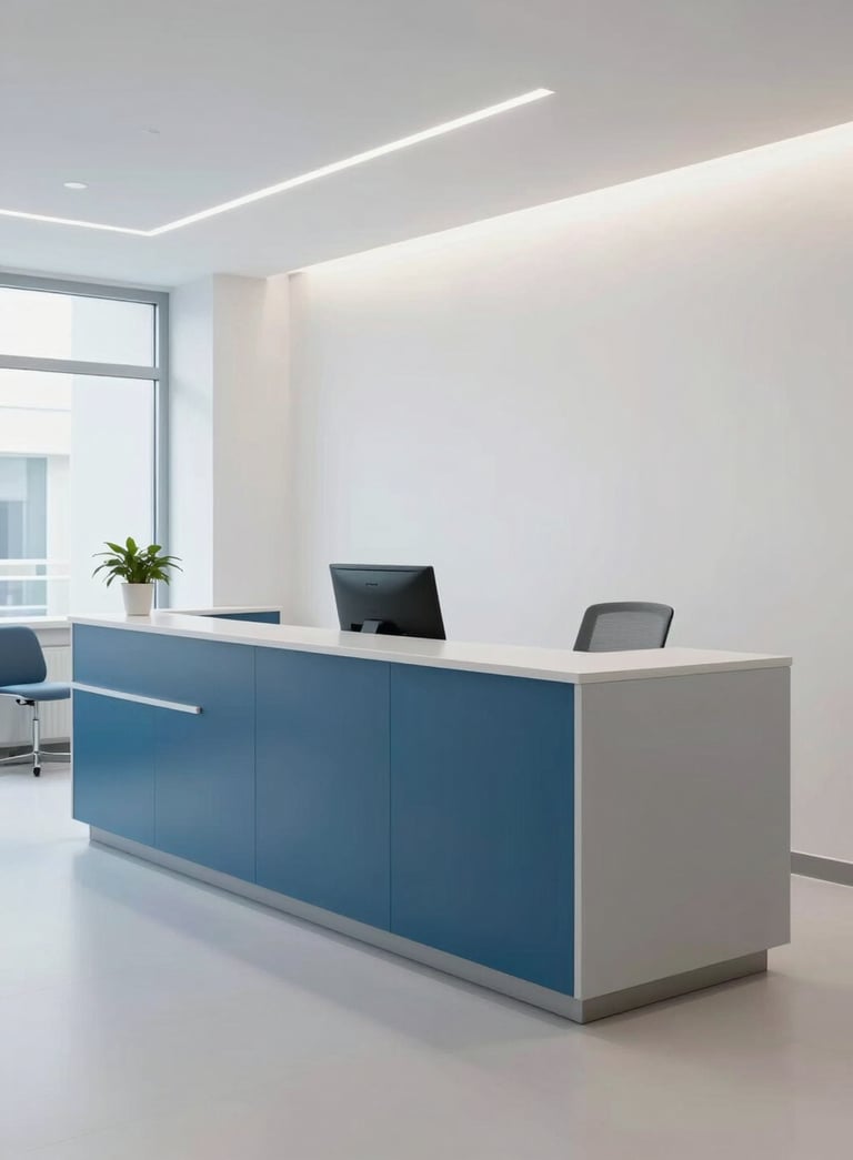 Bright and sterile reception area of a modern German medical practice, clean lines, minimalist furniture, featuring medium blue and grey-blue tones in the decor.