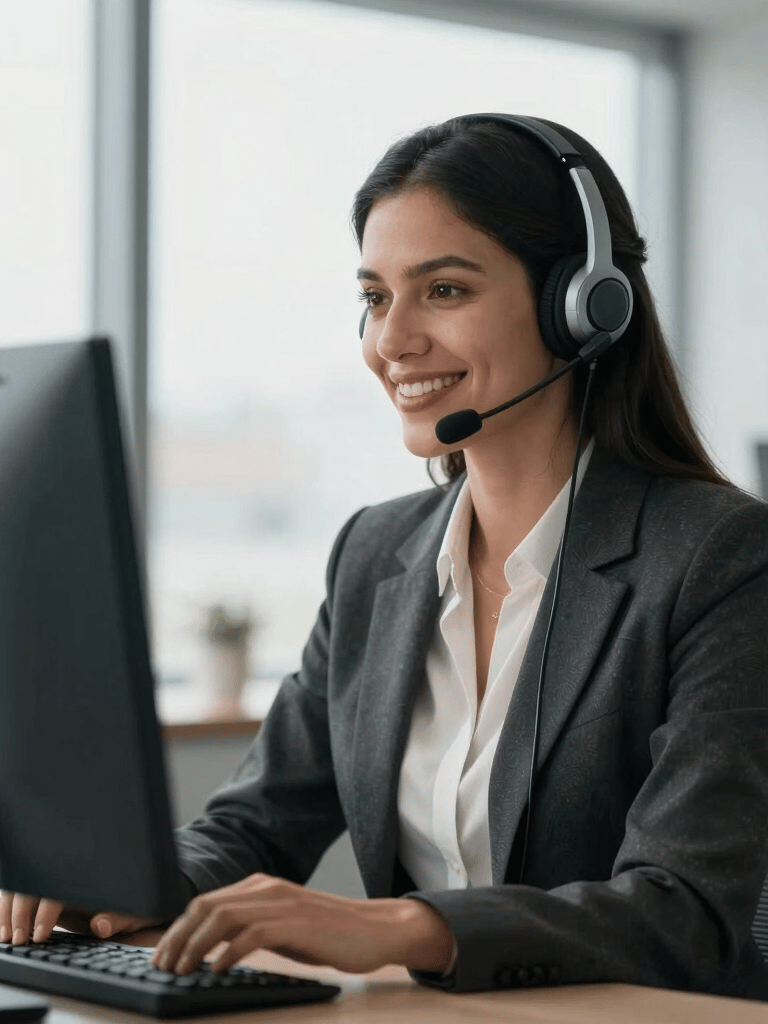 A professional South American woman in business attire wearing a high-tech headset, smiling warmly while working in a bright, modern office with soft daylight coming through windows.