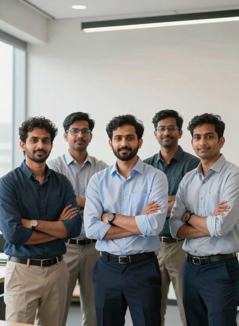 A professional portrait of a diverse South Asian team of consultants in a modern, bright office space in Bangalore, featuring soft natural lighting and a minimalist design.