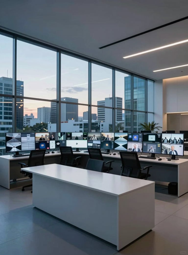 A wide-angle interior shot of a minimalist, premium monitoring center with large glass panels overlooking a South American business district, soft twilight lighting, steel blue and white tones.