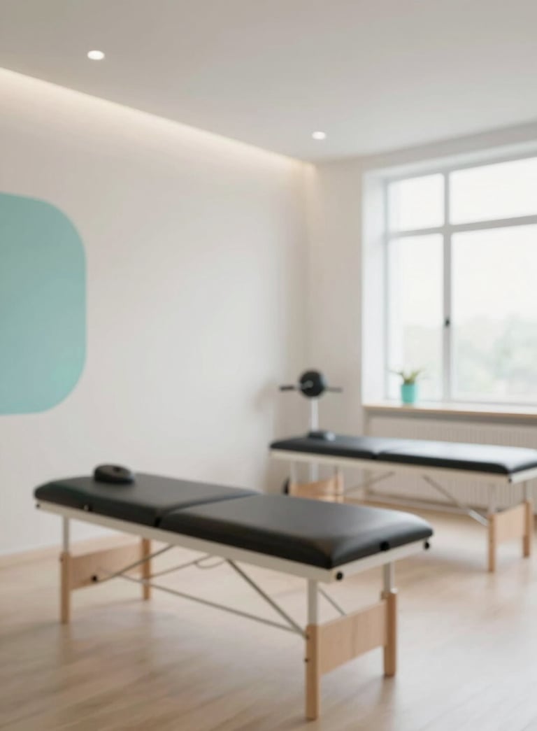 A modern, minimalist physiotherapy studio interior. The space is bright and airy with clean lines, featuring off-white (#F5F8F7) walls and subtle teal (#A0CAC7) accents. Professional medical equipment is visible but organized.