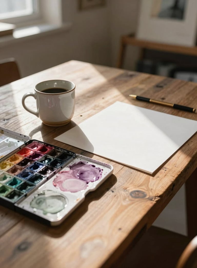 A tranquil North American art therapy studio with soft sunlight streaming in. On a rustic wooden table sits a palette with watercolors in muted rose and pale mauve, beside a ceramic mug and a fresh sheet of thick paper.