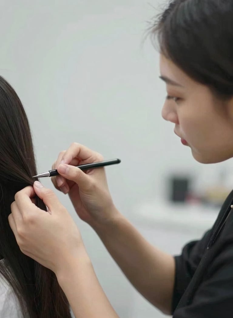 A sophisticated profile shot of a professional stylist at work, focusing on precise hand movements. The background is softly blurred with a color scheme of #F2F4F7 and #6B7A8F. The mood is one of focused excellence and modern care.