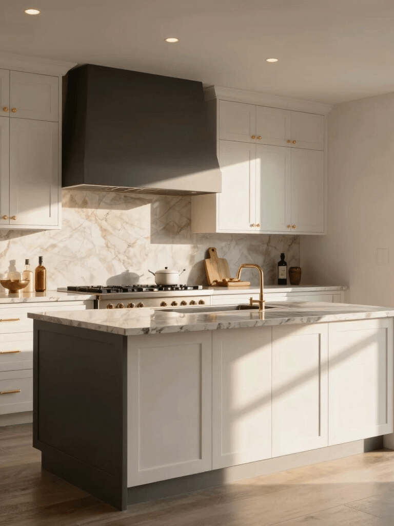 Modern open-concept kitchen in a luxury Los Angeles home, showcasing warm white cabinetry, charcoal gray accents, and premium gold hardware, shot with soft natural afternoon light.