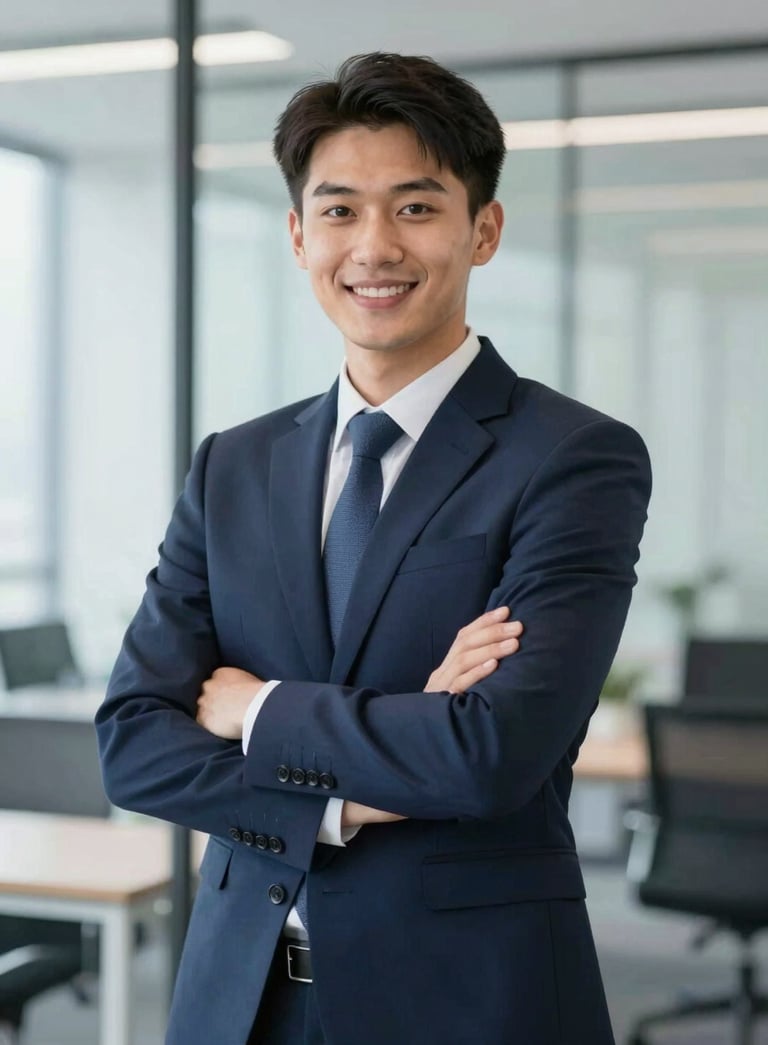 A professional commercial agent in a sharp navy suit, smiling confidently in a bright, modern corporate office. The background features glass windows and subtle business motifs. The palette includes professional tones of #1A2F3D and #F5F8FA.