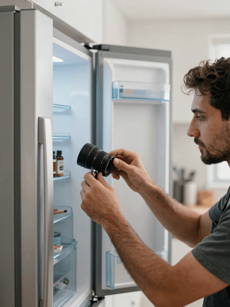 A professional repairman working on the back of a high-end refrigerator in a bright, modern Middle Eastern kitchen, silver and white tones, depth of field.