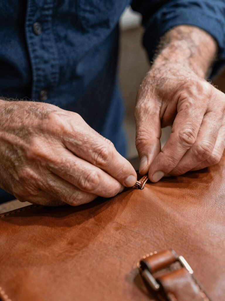 Close-up of a master artisan's hands in a Portuguese workshop carefully hand-stitching a high-end tan leather briefcase. The scene exudes craftsmanship with a palette of dark blue and medium blue in the background.