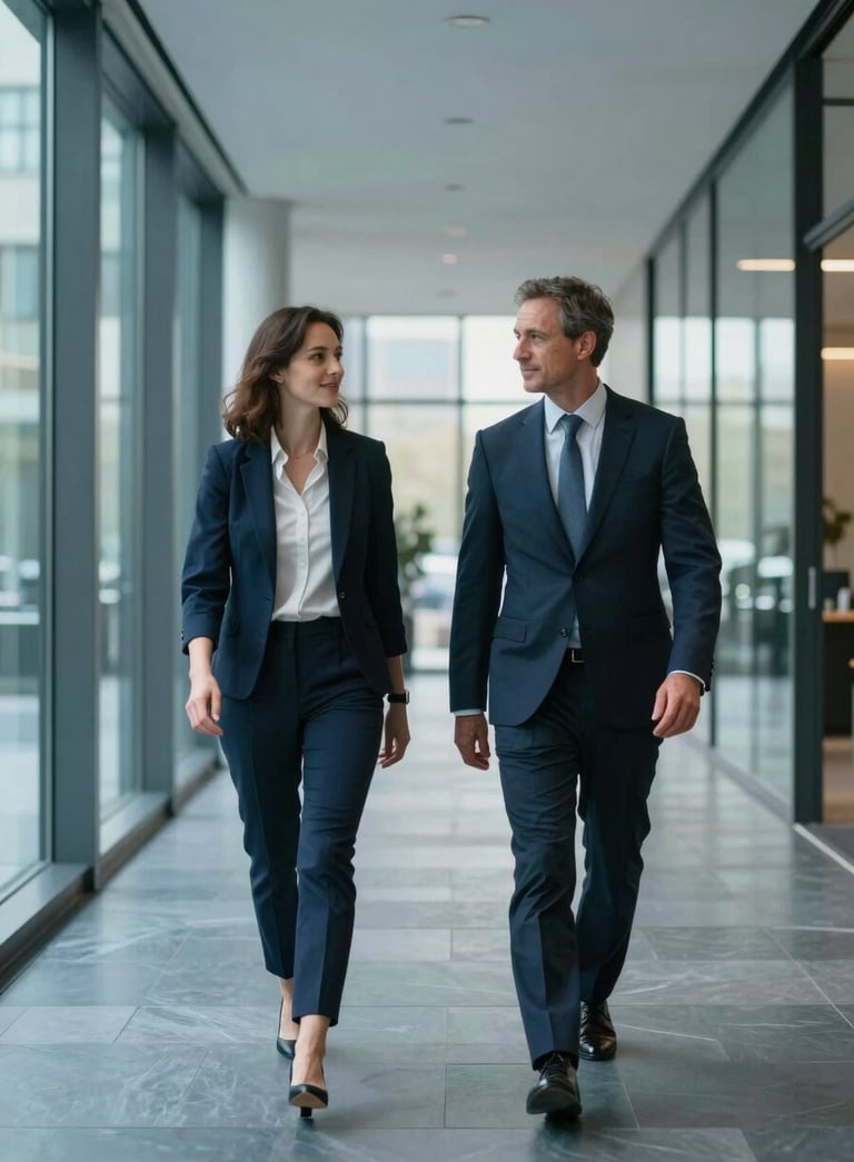 A professional portrait of two financial advisors in business attire walking through a minimalist corporate glass lobby in the United Kingdom, natural morning light, cool slate blue and dark navy tones.