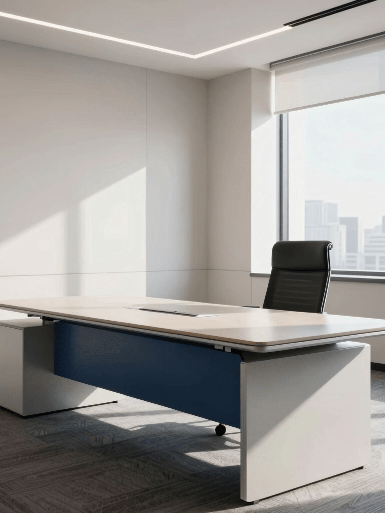 A crisp, modern North American / US corporate conference desk in an executive room with off-white walls, steel blue accents, bright daylight streaming through window blinds, and clean structured layout conveying high-trust professionalism.