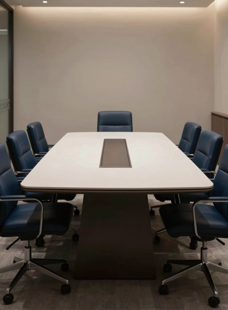 A high-end, minimalist boardroom table in a Lahore office suite with deep navy blue leather chairs and a soft off-white surface under professional lighting.