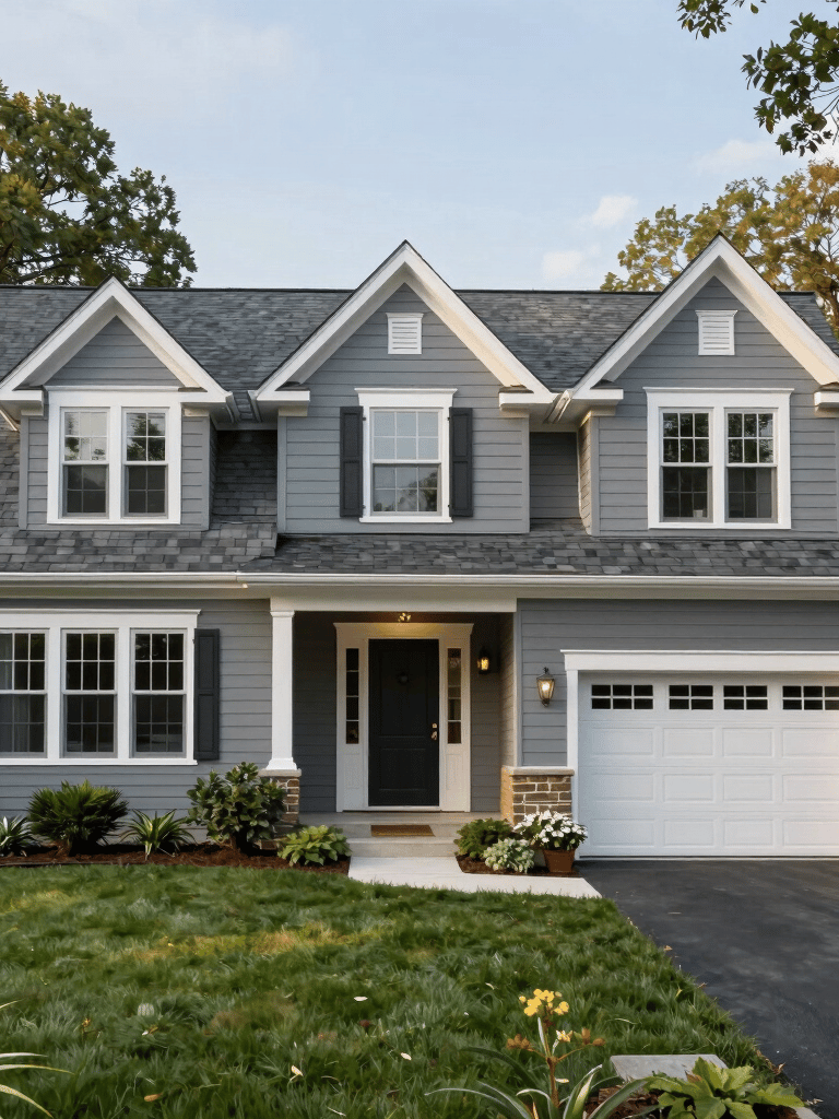 Wide-angle photography of a beautifully maintained residential house in Monmouth County, New Jersey, featuring a brand new dark gray shingle roof and professional landscaping.