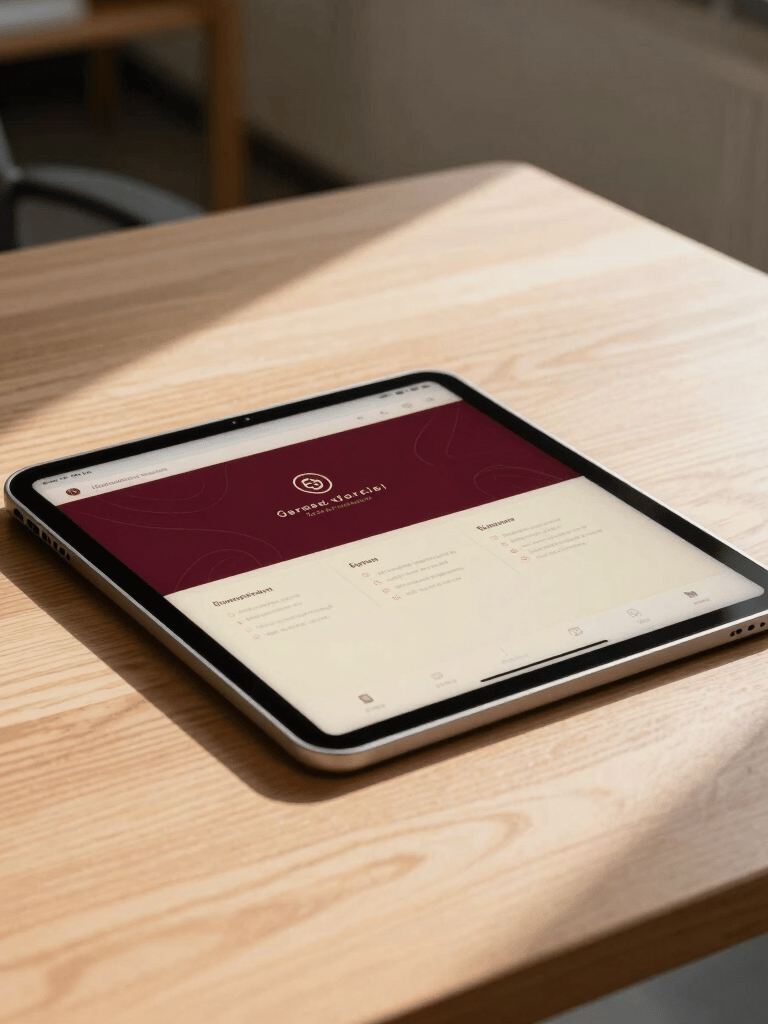 High-quality professional photography of a modern tablet lying on a minimalist oak table in a sunlit German university office. The screen displays an elegant app interface featuring deep crimson and parchment tones. Soft shadows and warm natural lighting.