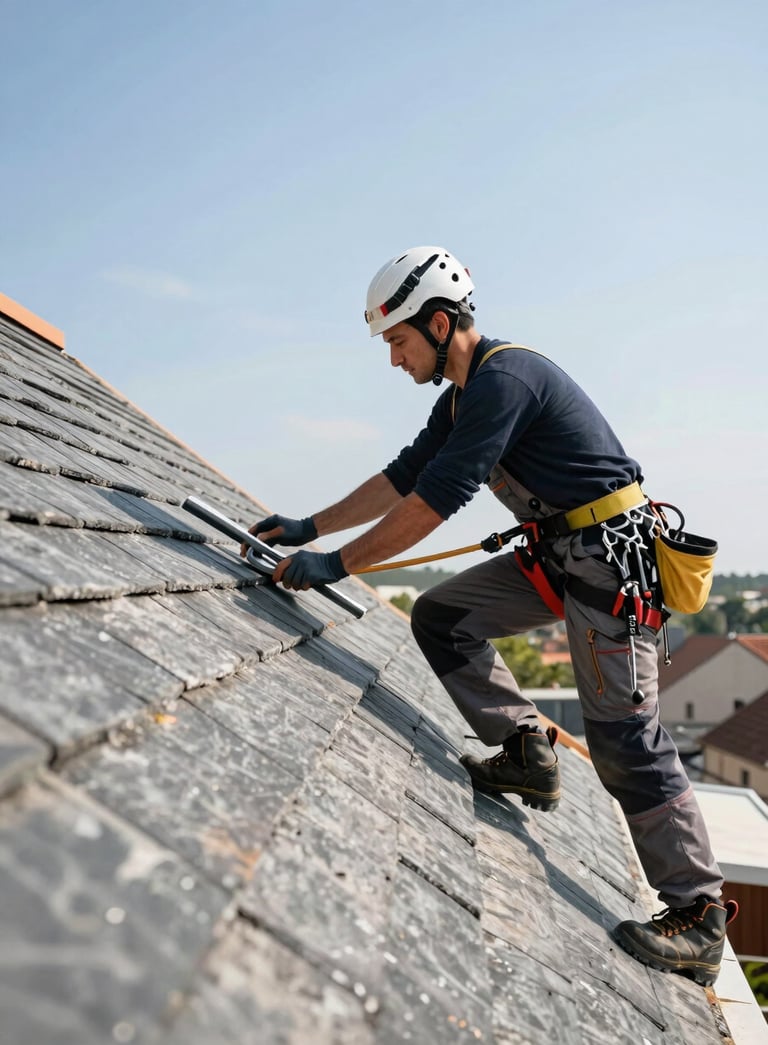A roofer in professional attire working on a slate roof under a clear sky in France, demonstrating meticulous skill and safety, bright daylight, sharp focus on the craftsmanship.