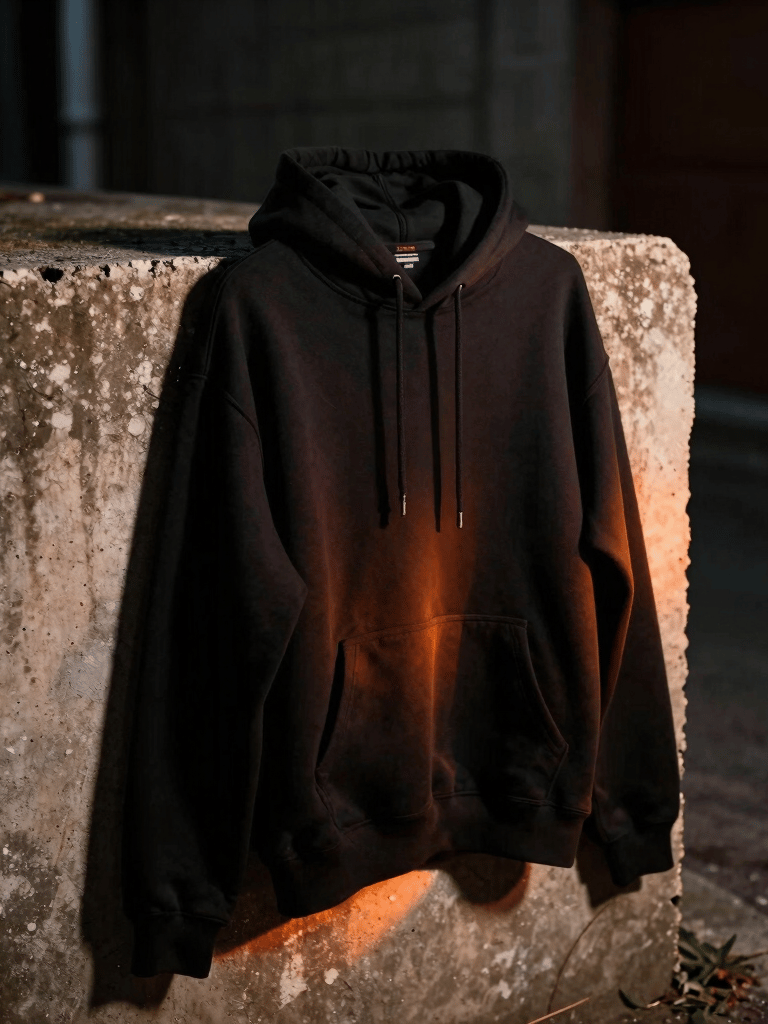 An urban model wearing an unapologetic oversized hoodie in black with bright orange accents against a gritty city backdrop