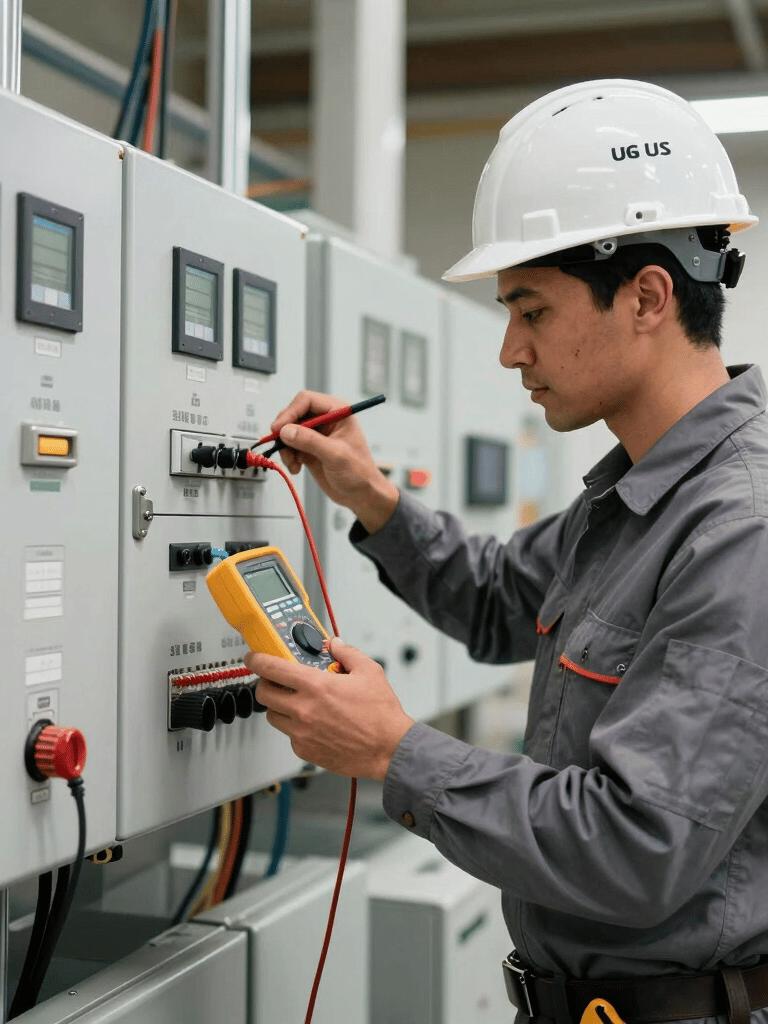 A wide shot of a professional North American / US electrician in a grey uniform and hard hat using a digital multimeter on a complex industrial control system, bright clean lighting, sophisticated technical environment.